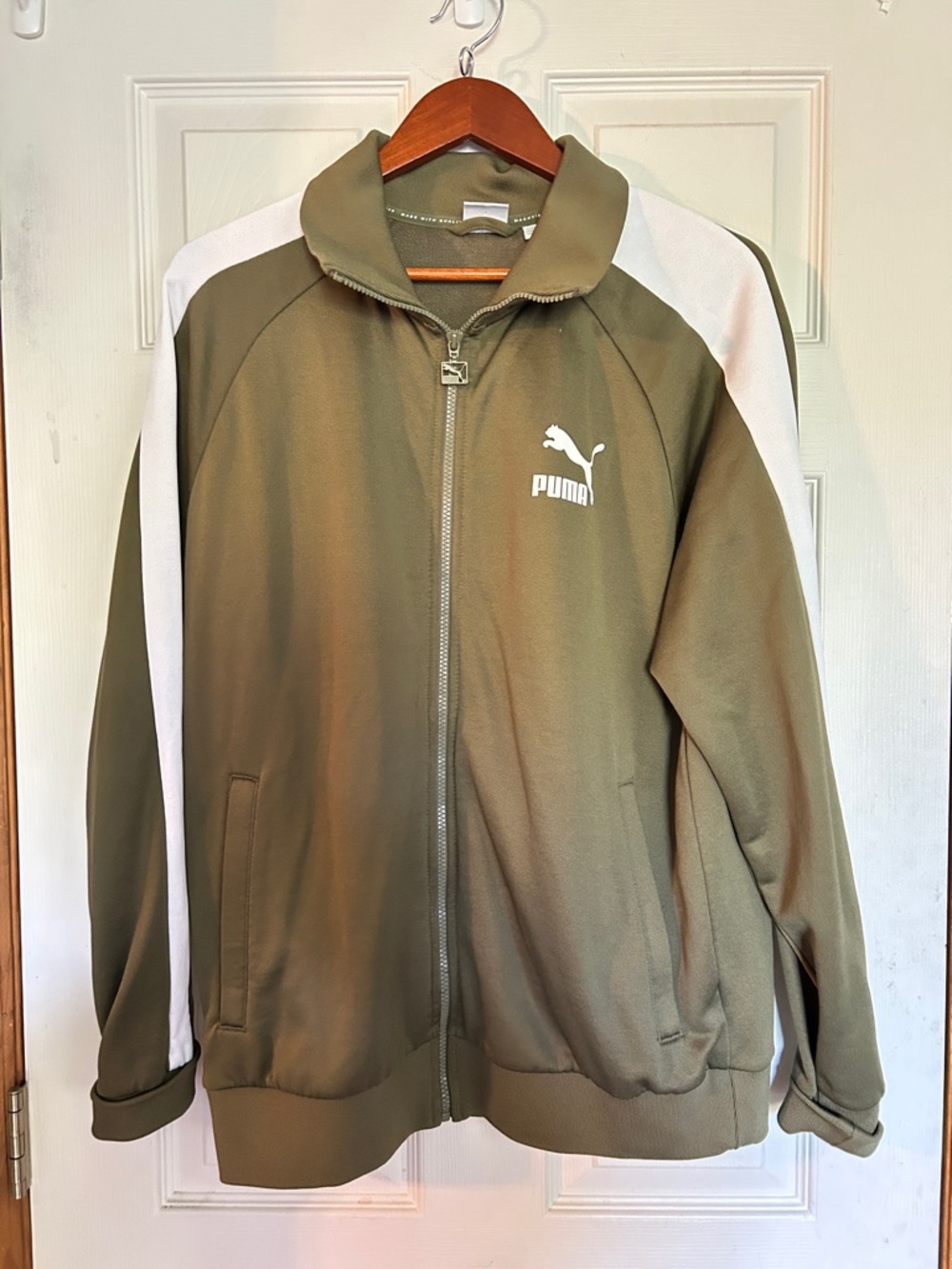 Puma Olive Green Track Jacket with White Shoulder Stripes